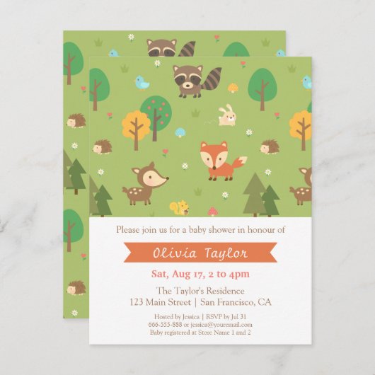 ウッドランド動物模様ベビーシャワー招待状 招待状 (正面/裏面)