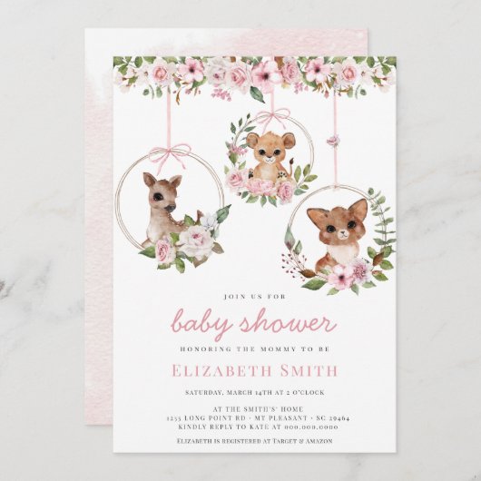 ウッドランド動物水彩ピンクのフローラシャワー 招待状 (正面/裏面)