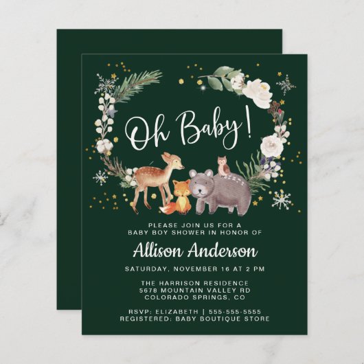 ウッドランド動物水彩冬の赤ちゃんシャワー (正面/裏面)