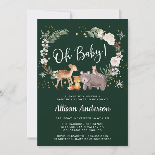 ウッドランド動物水彩冬の赤ちゃんシャワー 招待状 (正面)