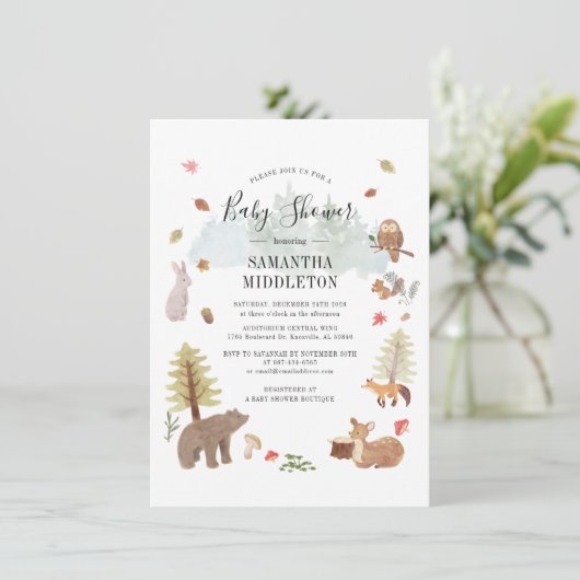 ウッドランド動物水彩少年の赤ちゃんシャワー 招待状 (スタンド正面)