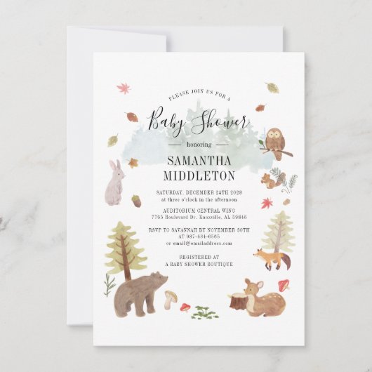 ウッドランド動物水彩少年の赤ちゃんシャワー 招待状 (正面)