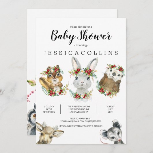 ウッドランド動物水彩赤ちゃんシャワー招待状 招待状 (正面/裏面)