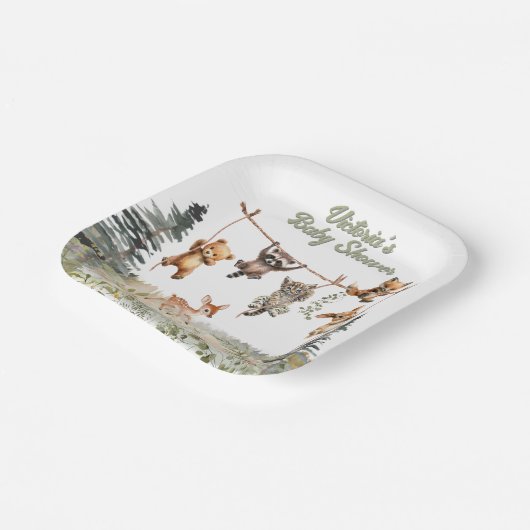 ウッドランド動物物干し林赤ちゃんシャワー ペーパープレート (傾斜あり)