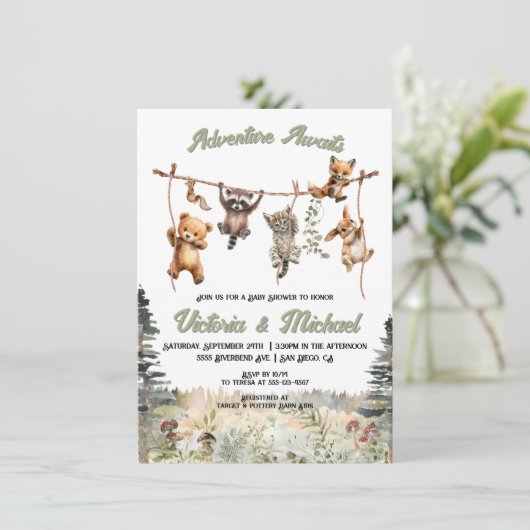ウッドランド動物物干し林赤ちゃんシャワー 招待状 (スタンド正面)