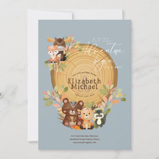 ウッドランド動物男の赤ちゃんシャワー第1誕生日 招待状 (正面)
