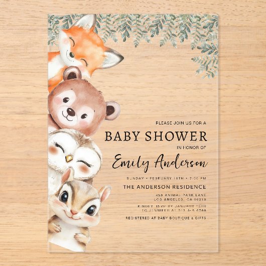 ウッドランド動物男女兼用の赤ちゃんシャワー アクリル招待状 (正面)