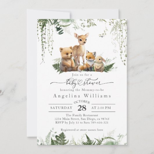 ウッドランド動物男女兼用の赤ちゃんシャワー 招待状 (正面)