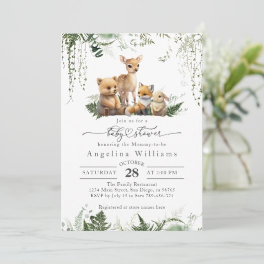 ウッドランド動物男女兼用の赤ちゃんシャワー 招待状 (スタンド正面)