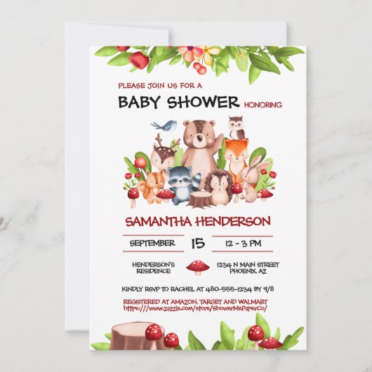 ウッドランド動物男女兼用の赤ちゃんシャワー 招待状 (正面)