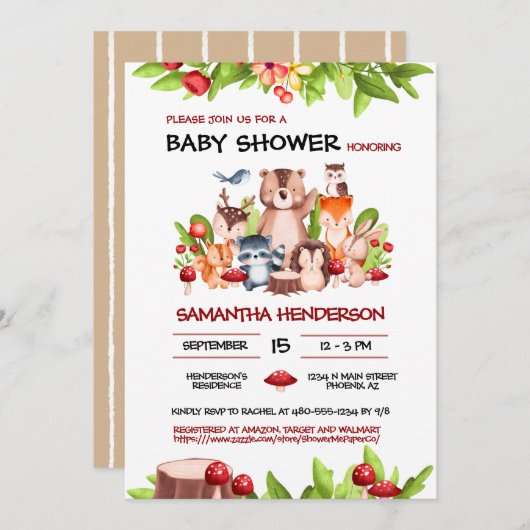 ウッドランド動物男女兼用の赤ちゃんシャワー 招待状 (正面/裏面)