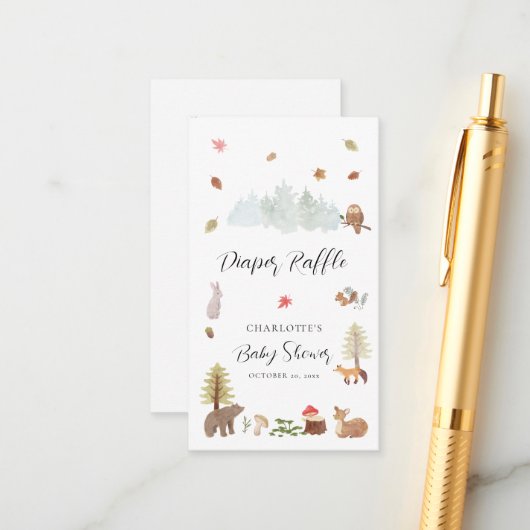 ウッドランド動物秋の赤ちゃんシャワーおむつラッフル エンクロージャーカード (正面/裏面インサイチュ)