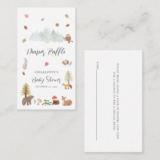 ウッドランド動物秋の赤ちゃんシャワーおむつラッフル エンクロージャーカード (正面/裏面)