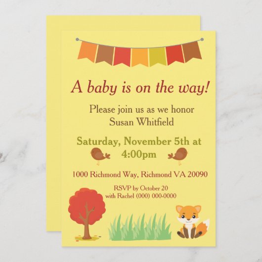 ウッドランド動物秋をテーマにした赤ちゃんシャワー 招待状 (正面/裏面)