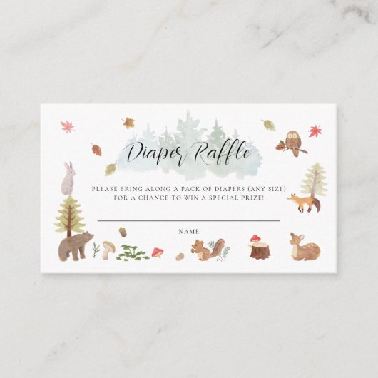 ウッドランド動物秋赤ちゃんシャワーおむつラッフル エンクロージャーカード (正面)
