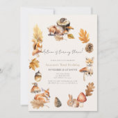 ウッドランド動物秋/秋のキノコ誕生日 招待状 (正面)