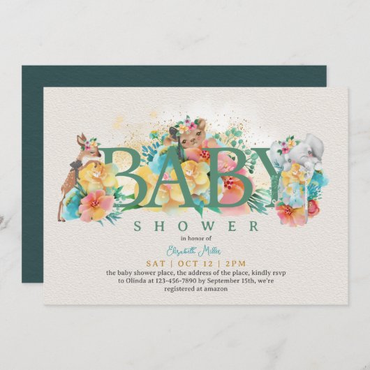 ウッドランド動物素朴フローラベビーガールシャワー 招待状 (正面/裏面)