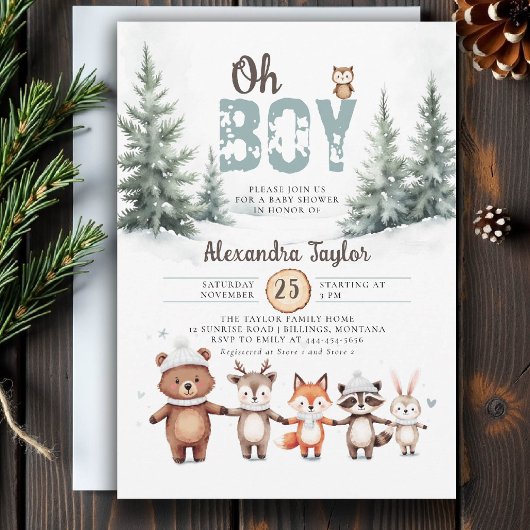 ウッドランド動物素朴冬少年の赤ちゃんシャワー 招待状