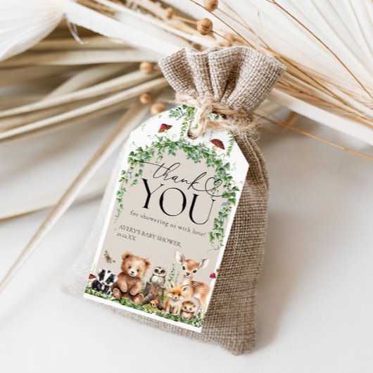 ウッドランド動物緑のキノコの赤ちゃんシャワー ギフトタグ