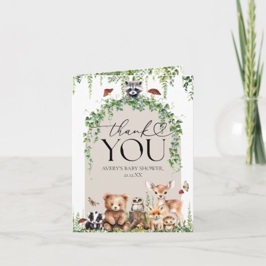 ウッドランド動物緑のキノコの赤ちゃんシャワー サンキューカード (正面)