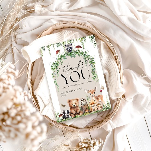 ウッドランド動物緑のキノコの赤ちゃんシャワー サンキューカード