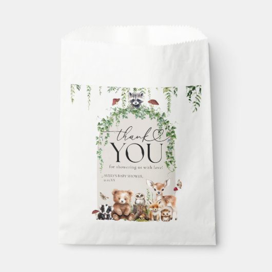 ウッドランド動物緑のキノコの赤ちゃんシャワー フェイバーバッグ (正面)