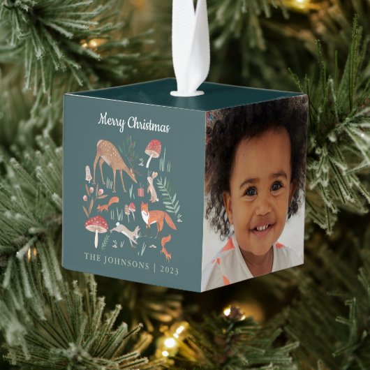 ウッドランド動物緑のクリスマスフォト キューブオーナメント (ツリー)