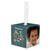 ウッドランド動物緑のクリスマスフォト キューブオーナメント (正面アングル)