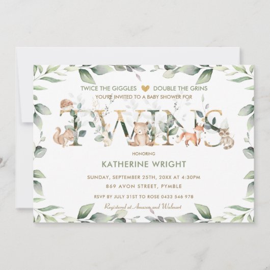 ウッドランド動物緑のツインニュートラル赤ちゃんシャワー 招待状 (正面)