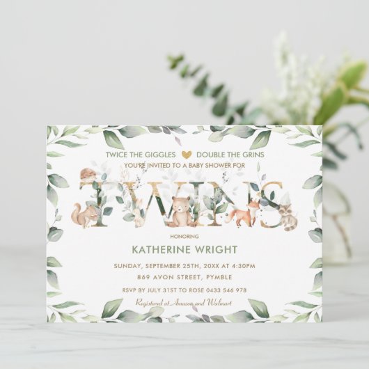 ウッドランド動物緑のツインニュートラル赤ちゃんシャワー 招待状 (スタンド正面)