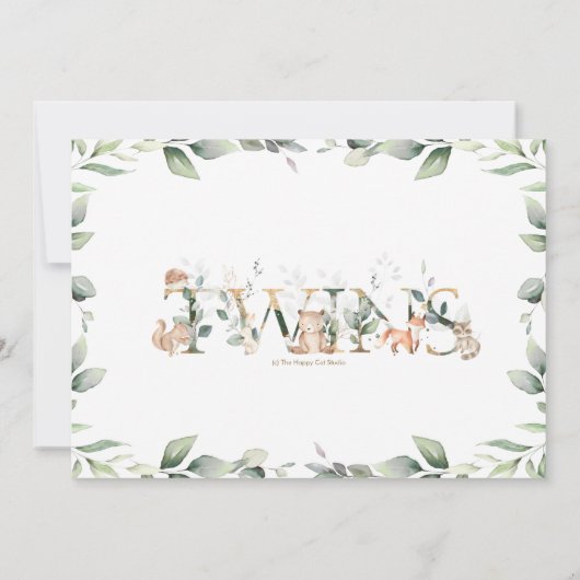 ウッドランド動物緑のツインニュートラル赤ちゃんシャワー 招待状 (裏面)