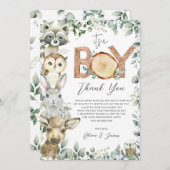 ウッドランド動物緑の木の男の子の赤ちゃんシャワー サンキューカード (正面/裏面)