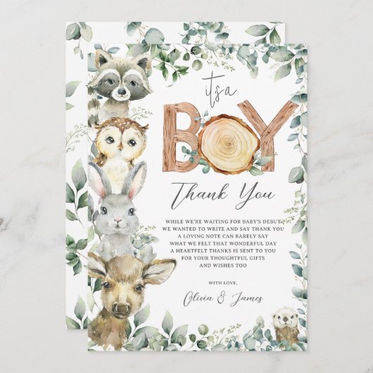 ウッドランド動物緑の木の男の子の赤ちゃんシャワー サンキューカード (正面/裏面)