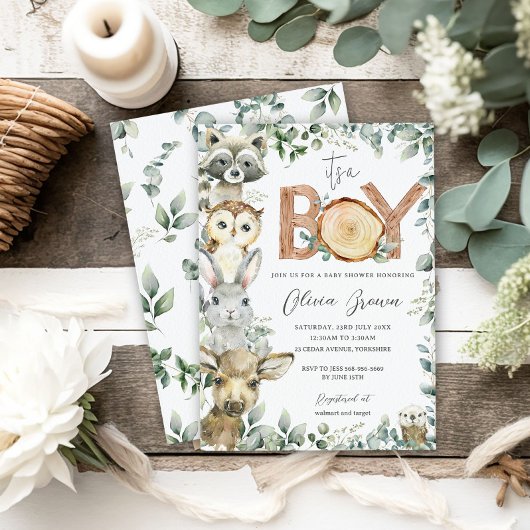 ウッドランド動物緑の木の男の子の赤ちゃんシャワー 招待状
