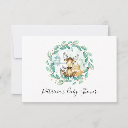 ウッドランド動物緑の赤ちゃんシャワー予約リクエスト 招待状 (正面)