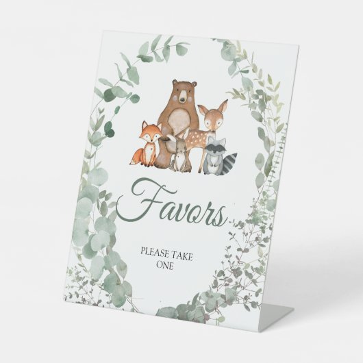 ウッドランド動物緑の赤ちゃんシャワー好意サイン 台座サイン (正面)