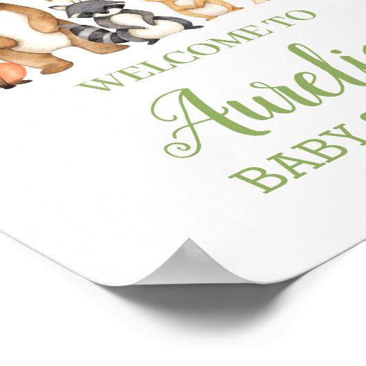 ウッドランド動物緑の赤ちゃんシャワー歓迎サイン ポスター (角)