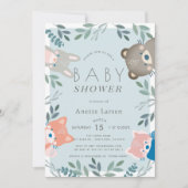 ウッドランド動物緑の青い男の子の赤ちゃんシャワー 招待状 (正面)