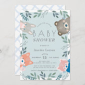 ウッドランド動物緑の青い男の子の赤ちゃんシャワー 招待状 (正面/裏面)