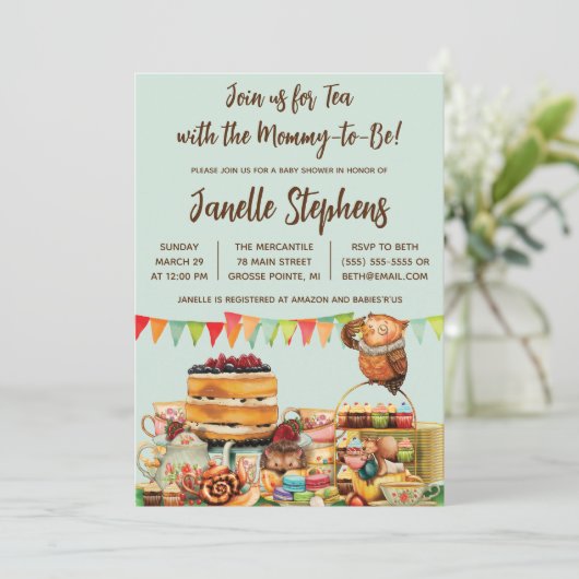 ウッドランド動物茶パーティー赤ちゃんシャワー 招待状 (スタンド正面)