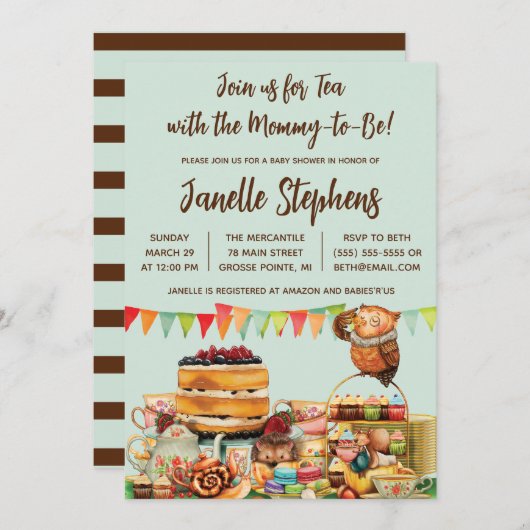 ウッドランド動物茶パーティー赤ちゃんシャワー 招待状 (正面/裏面)