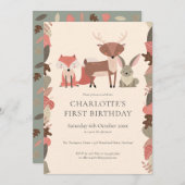 ウッドランド動物誕生日パーティー 招待状 (正面/裏面)