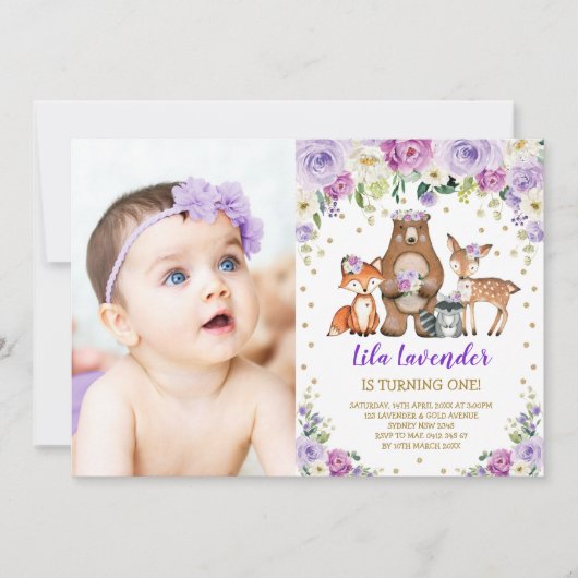 ウッドランド動物誕生日ラベンダーパープルフローラ 招待状 (正面)