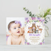 ウッドランド動物誕生日ラベンダーパープルフローラ 招待状 (スタンド正面)