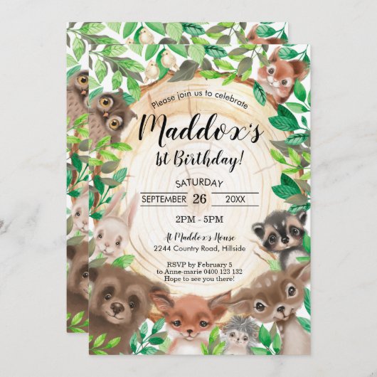 ウッドランド動物誕生日招待状グリーナリー 招待状 (正面/裏面)
