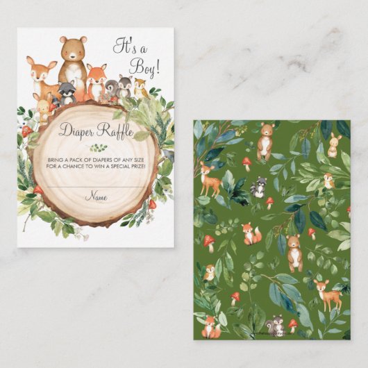 ウッドランド動物赤ちゃんシャワーおむつラッフルチケット エンクロージャーカード (正面/裏面)