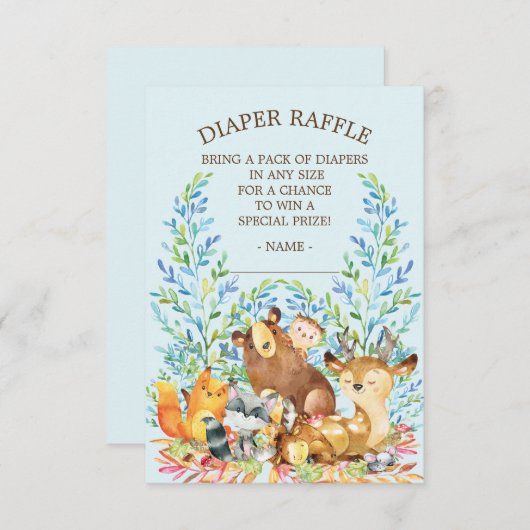 ウッドランド動物赤ちゃんシャワーおむつラッフルチケット エンクロージャーカード (正面/裏面)