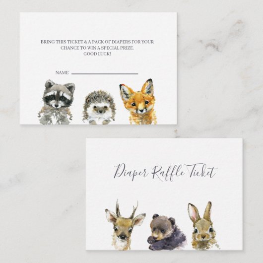 ウッドランド動物赤ちゃんシャワーおむつラッフルチケット エンクロージャーカード (正面/裏面)