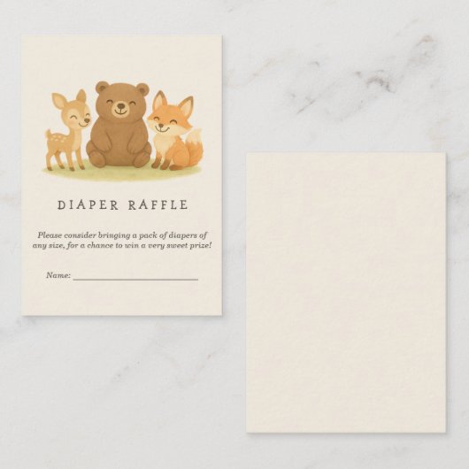 ウッドランド動物赤ちゃんシャワーおむつラッフル エンクロージャーカード (正面/裏面)