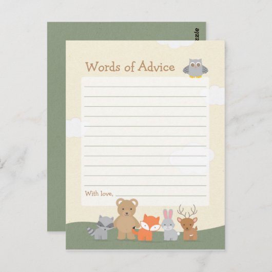 ウッドランド動物赤ちゃんシャワーアドバイスゲーム ポストカード (正面/裏面)